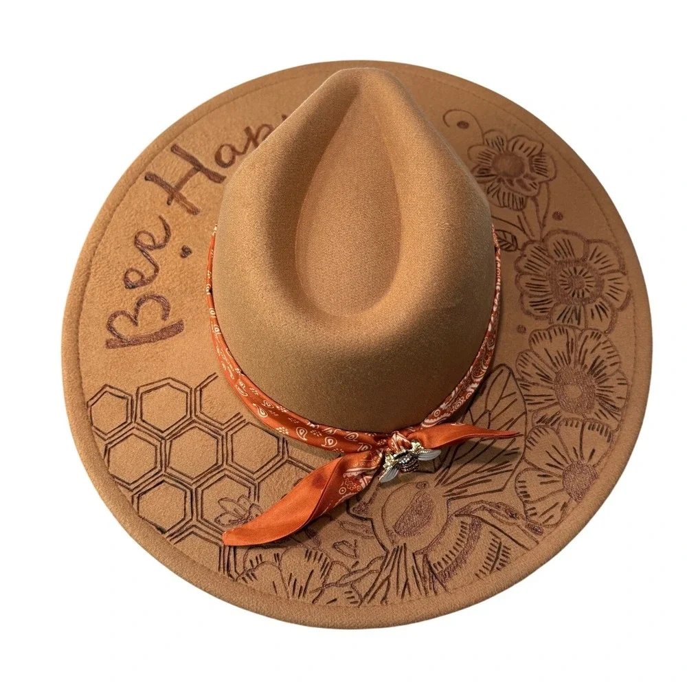 Handcrafted Tan Custom‎ Wood Burned Floral Bee Wide Brim Fedora Boho Western Hat